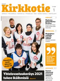 Kirkkotie-lehden kansi, kansikuvassa yhteisvastuukerääjiä. 