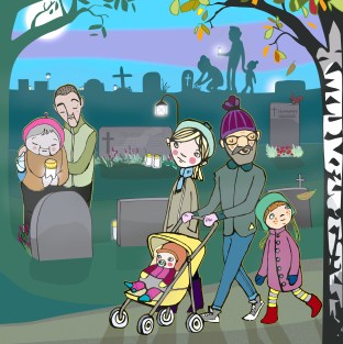 Piirretty kuva ihmistä hautausmaalla.