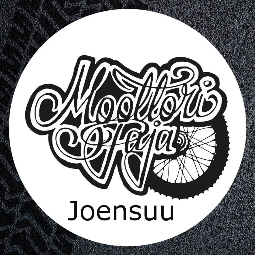 Joensuun moottoripajan logo. Renkaan kuva ja tyylitelty teksti Moottoripaja Joensuu.