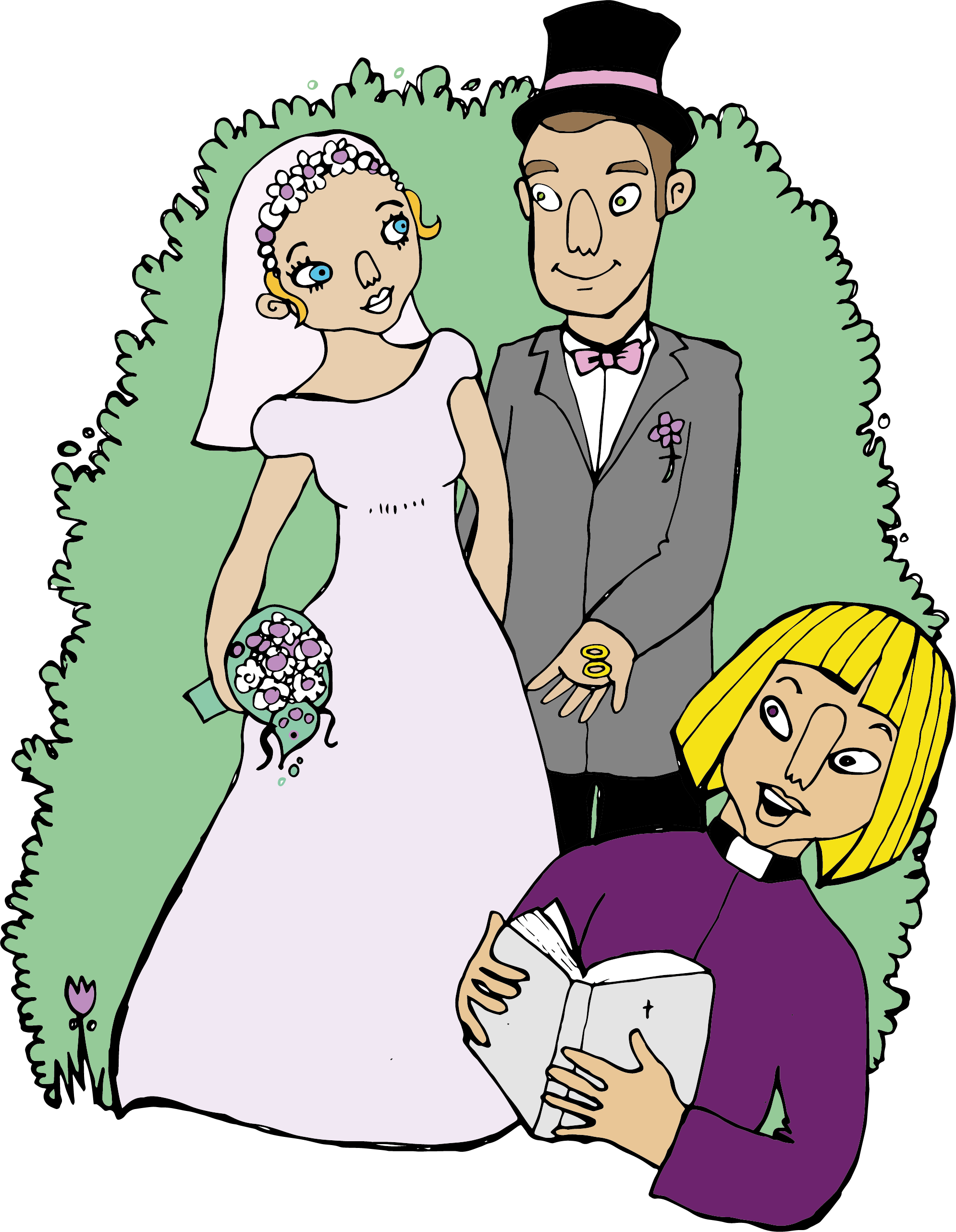 Piirroskuva, jossa on hääpari sekä pappi.