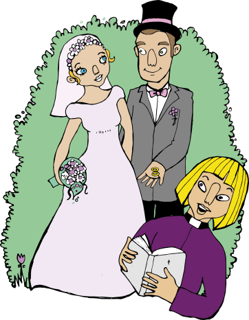 Piirroskuva, jossa on hääpari sekä pappi.