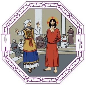 Piirroskuvassa Jeesus seisoo ylipapin edessä kuulusteltavana.