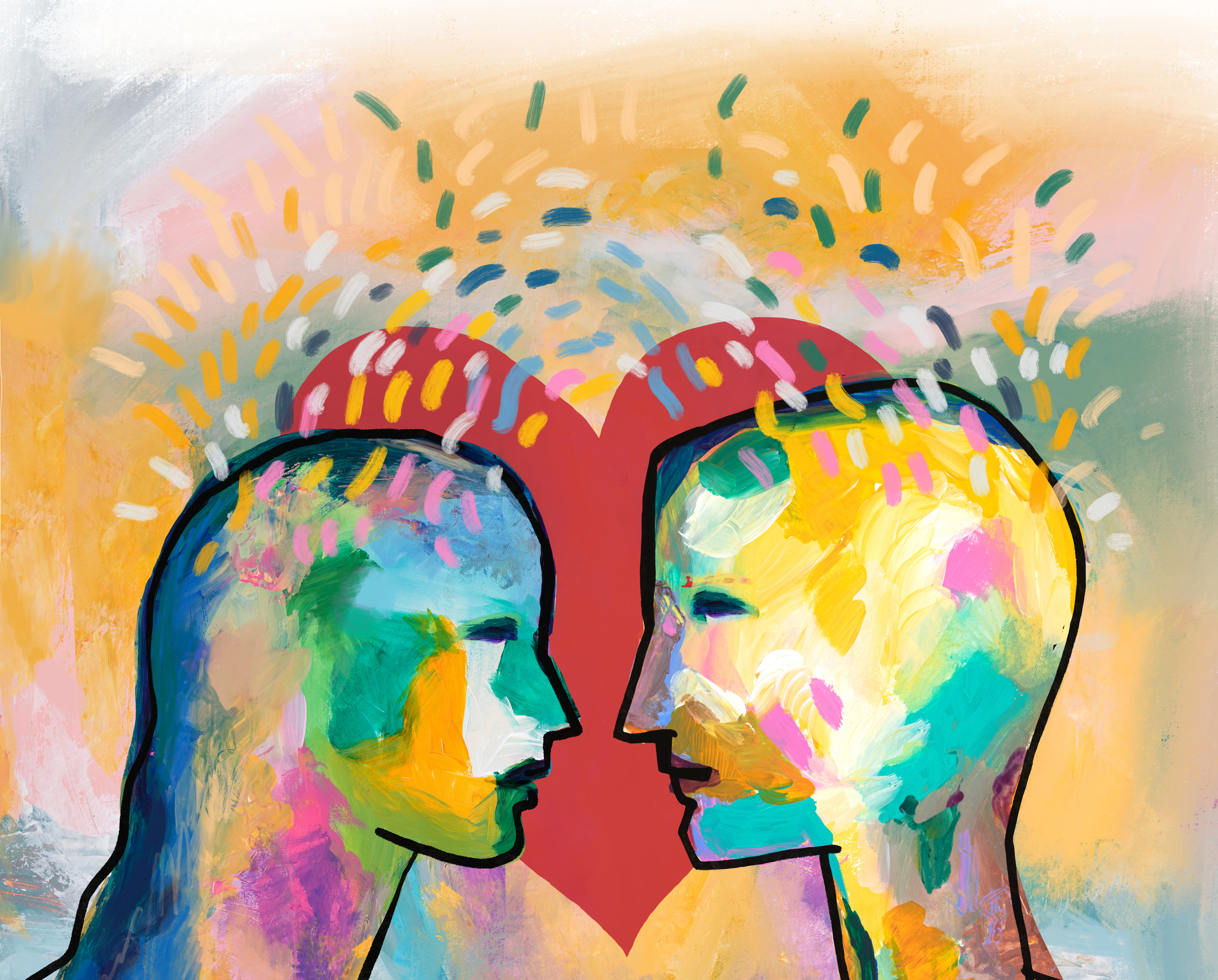 Kaksi piirrettyä päätä sydämen edessä.