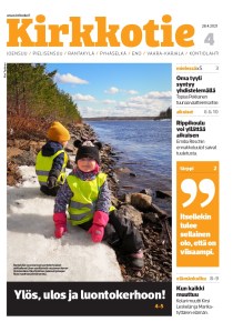 Kirkkotien 4/2021 kansi kuvana. Kannen kuvassa kaksi lasta istuu huomioliiveissä Utran saaren rannassa.
