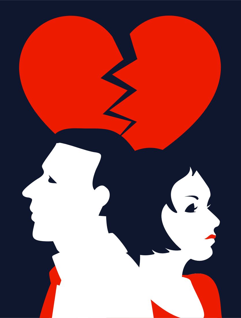 Piirroskuvassa pariskunta selät vastakkain, päiden takana särkyvä sydän.
