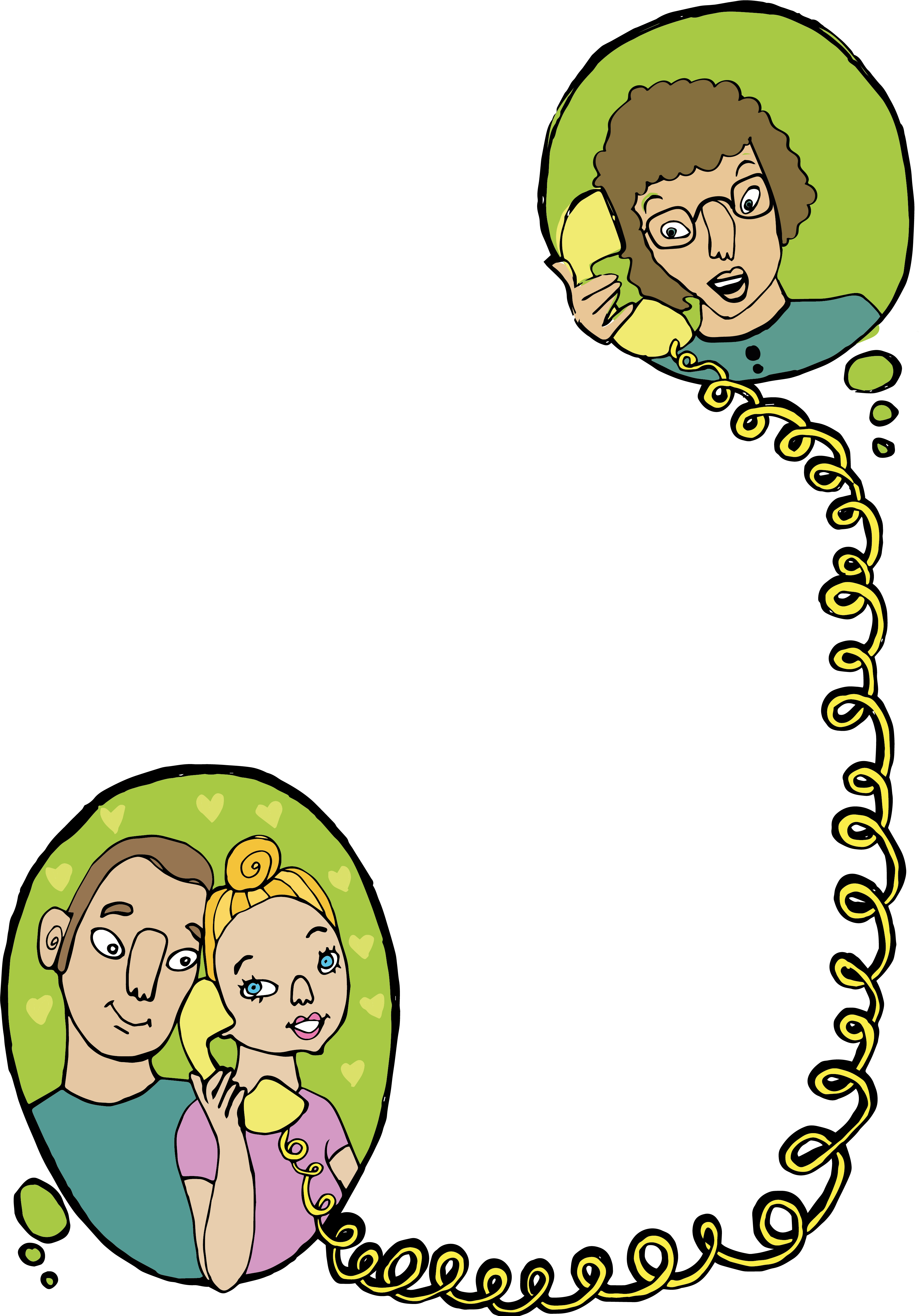 Piirroskuva, jossa pariskunta soittaa seurakuntasihteerille.