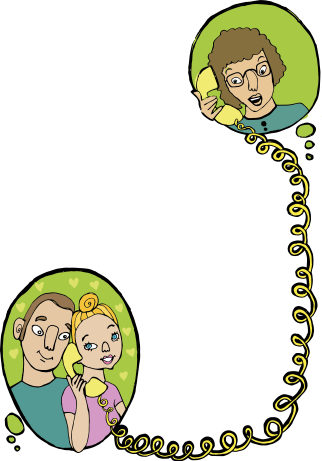 Piirroskuva, jossa pariskunta soittaa seurakuntasihteerille.