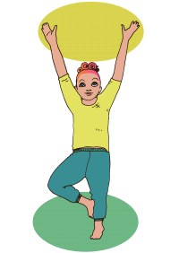 Piirroskuva, jossa nainen seisoo yhdellä jalalla niin, että toisen jalan jalkapohja on nostettu toisen jalan pohjetta vasten. Kädet ovat suorina kohti taivasta.