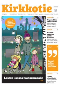 Kirkkotie-lehden 9/2021 kansi. Kannessa piirroskuva hautausmaalla kävelyllä olevasta perheestä.