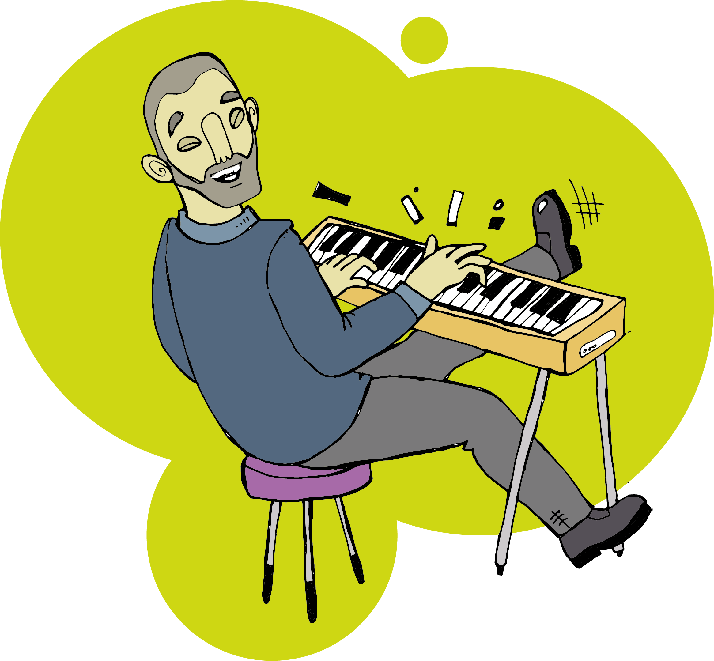 Piirroskuva, jossa kanttori soittaa iloisesti urkuja.