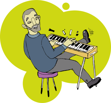 Piirroskuva, jossa kanttori soittaa iloisesti urkuja.