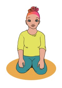 Nainen istuu polvi-istunnassa jalkojensa päällä, kädet laskettuna reisien päälle lähelle polvia.