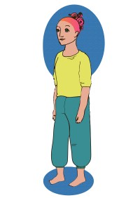 Piirroskuvassa nainen seisoo suorassa kädet rentoina sivuillaan, paino molemmilla jaloillaan ja katsoo rauhallisesti eteenpäin.