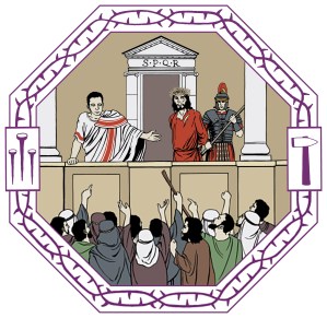 Piirroskuvassa Pilatus esittelee Jeesusta palatsinsa parvekkeelta vihaiselle kansanjoukolle. Jeesus on puettu orjantappurakruunuun ja häntä vartioi sotilas.