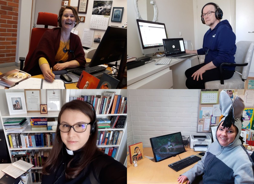 Kuvakooste jutussa haastatelluista seurakuntien työntekijöistä, jotka ovat asettuneet kuvaan etätyöpisteillään, kukin työpöytänsä ääressä istuen.