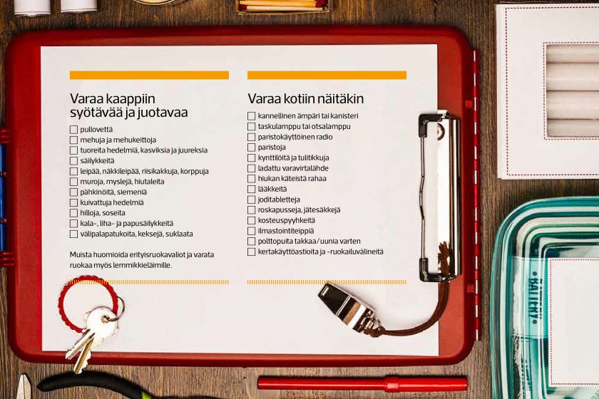 Listat tarvikkeista kotivaraan. Samat listat löytyvät myös jutun lopusta.